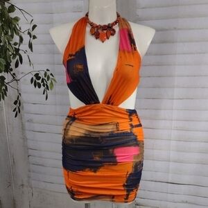 AKIRA Plunge V-Neck Ruched Bodycon Dress Size L